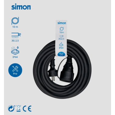 PL122401 10m PROLONGACION MANGUERA 3x2,5mm CON TAPA NEGRA IP44 SIMON BRICO