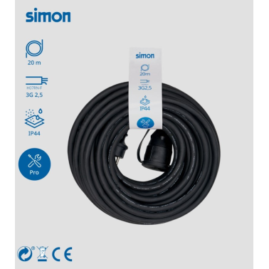 PL122501 20m PROLONGACION MANGUERA 3x2,5mm CON TAPA NEGRA IP44 SIMON BRICO