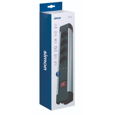 BM526401 BASE ALUMINIO ROTATIVA CON FIJACION 4T + 3 USB C/CABLE 1,5m C/INTER SIMON BRICO