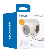 BM516307 BASE CUBICA 3T + 3 USB (A-C) CARGA RAPIDA C/CABLE 1,4m COMBIBALL SIMON BRICO