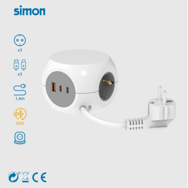 BM516307 BASE CUBICA 3T + 3 USB (A-C) CARGA RAPIDA C/CABLE 1,4m COMBIBALL SIMON BRICO