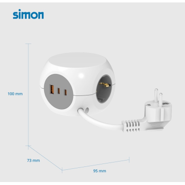 BM516307 BASE CUBICA 3T + 3 USB (A-C) CARGA RAPIDA C/CABLE 1,4m COMBIBALL SIMON BRICO