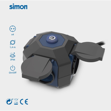 PL428201 BASE CUBICA 4T CON TAPAS C/CABLE 1,4m C/INTER NEGRA IP44 SIMON BRICO