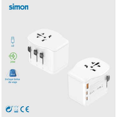 CL410102 ADAPTADOR UNIVERSAL DE VIAJE CON 3 CARGADORES USB (A+C) 65W SIMON