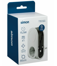 CL610305 ADAPTADOR SIMPLE CON CABLE 3 CLAVIJAS + 1 PUERTO USB 16A 250V SIMON BRICO