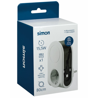 CL610305 ADAPTADOR SIMPLE CON CABLE 3 CLAVIJAS + 1 PUERTO USB 16A 250V SIMON BRICO