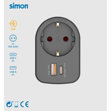 CL620306 ADAPTADOR SIMPLE CON USB A + C 30W NEGRO SIMON BRICO