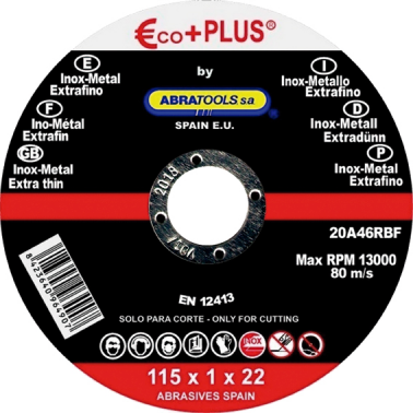 DISCO CORTE ACERO INOX ABRATOOLS E+P 20A46RBF 125X1,0X22