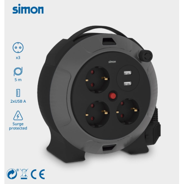 EX924301 5m EXTENSIBLE ENROLLACABLES 3T + 2 USB 3x1,5mm IP20 SIMON BRICO