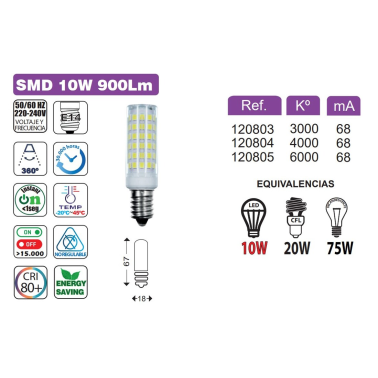 120805 BOMBILLA TUBULAR LED E14 7W 6000K 1000LM B&B