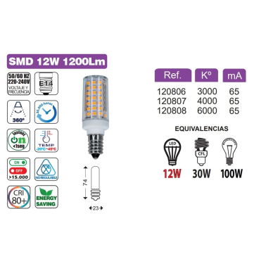 120808 BOMBILLA TUBULAR LED E14 12W 6000K 1100LM B&B