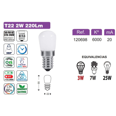 120698 BOMBILLA PEBETERA LED T22 E14 2W 6000K 270LM B&B