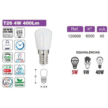 120699 BOMBILLA PEBETERA LED T26 E14 5W 6000K 470LM B&B
