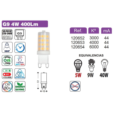 120652 BOMBILLA LED G9 CERAMICA 360° 4W 3000K 400LM B&B