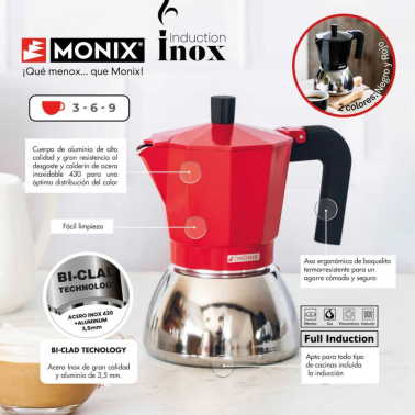 M863109 CAFETERA INOX 9 TAZAS ROJA INDUCTION MONIX