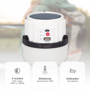 201840003 LINTERNA LED SOLAR CAMPING RECARGABLE USB 5W IP44 GSC