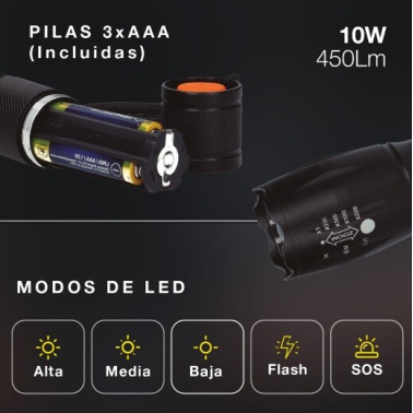 201825014 LINTERNA LED 10W CON ZOOM 3xAAA GSC