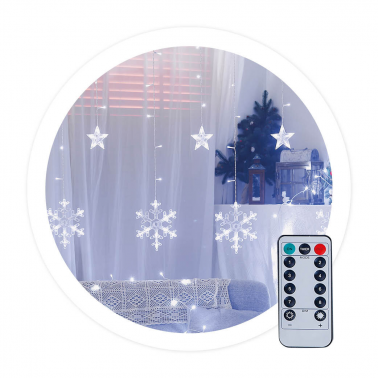 204605012 CORTINA LED CON ESTRELLAS Y COPOS DE NIEVE 3,5M 8 FUNCIONES LUZ FRÍA IP44 GSC