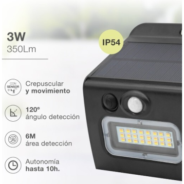 200210026 APLIQUE SOLAR LED EGODA NEGRO C/SENSOR 3W 3000K/4000K/6500K GSC