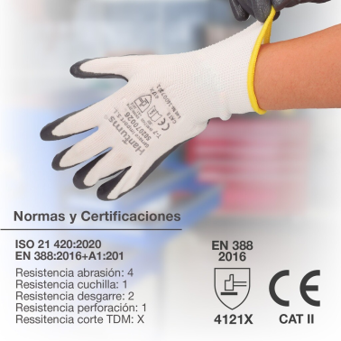 502070026 GUANTES PROTECCION POLIESTER Y NITRILO BLANCO/GRIS TALLA 7 HANTUMS