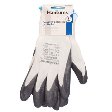502070027 GUANTES PROTECCION POLIESTER Y NITRILO BLANCO/GRIS TALLA 8 HANTUMS