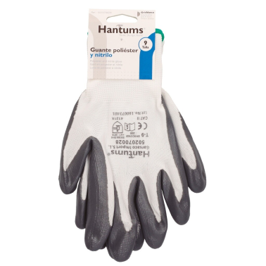 502070028 GUANTES PROTECCION POLIESTER Y NITRILO BLANCO/GRIS TALLA 9 HANTUMS