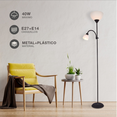 204400043 LÁMPARA DE PIE E27 CON LUZ DE LECTURA E14 1760mm NEGRO NAWIS GSC