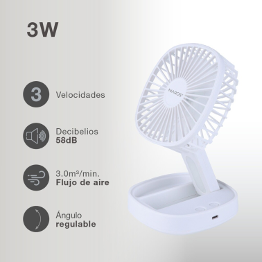 300040001 MINI VENTILADOR DE MANO PLEGABLE CON LUZ USB RECARGABLE BLANCO COOBER NIAROS