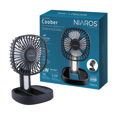 300040002 MINI VENTILADOR DE MANO PLEGABLE CON LUZ USB RECARGABLE NEGRO COOBER NIAROS